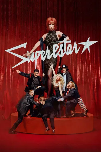 The poster features a glamorous woman in a black outfit standing atop a red platform, surrounded by other performers in black suits. The background is filled with red curtains, creating a dramatic and theatrical atmosphere. The word "Superstar" is prominently displayed in white, with stars flanki...