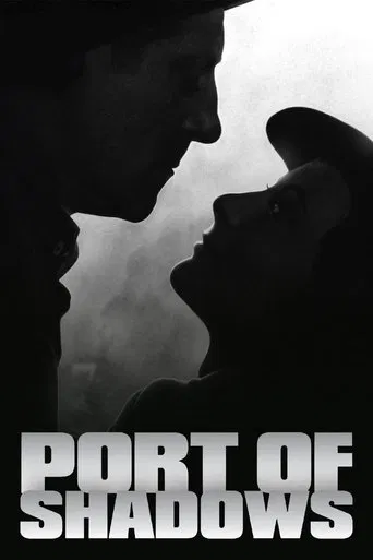 The poster features silhouettes of two characters in a romantic embrace against a misty, dark background. The title "PORT OF SHADOWS" is prominently displayed in bold, white letters at the bottom. The overall mood is mysterious and intimate, capturing the essence of a classic film noir.