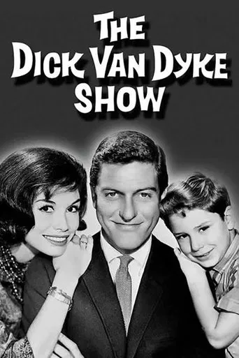 The Dick Van Dyke Show poster features a vintage television screen displaying a romantic scene between a woman in a pink dress and a man in a gray suit. The soft blue background and warm tones evoke a nostalgic, timeless mood, capturing the essence of classic television drama.