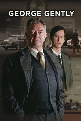 The poster features two men in formal suits against a muted, sepia-toned background. The mood is serious and cinematic, evoking the classic detective genre. The warm lighting and vintage car suggest a noir atmosphere.