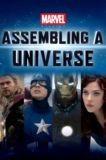 The poster features four iconic Marvel characters against a starry blue backdrop, with the title "Assembling a Universe" prominently displayed. The characters exude heroic energy, and the overall design conveys a sense of cosmic wonder and adventure.