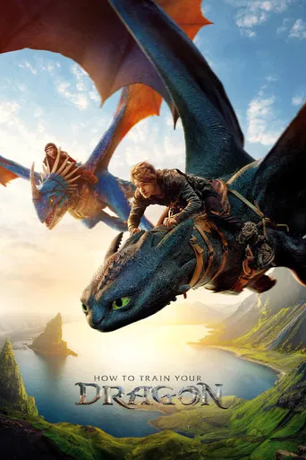 The poster captures a vibrant scene of two dragons soaring over a lush, sun-drenched landscape. A young man and a child ride together on a majestic blue dragon, while another dragon flies in the background. The warm golden light bathes the scene, evoking a sense of adventure and wonder. The title...