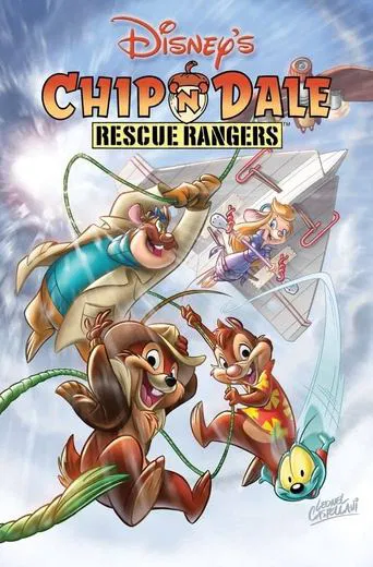This Disney poster features Chip and Dale in action poses against a bright blue sky, with their colorful outfits and adventurous expressions conveying excitement. The playful composition captures the show's lively spirit, with characters ready for rescue missions.