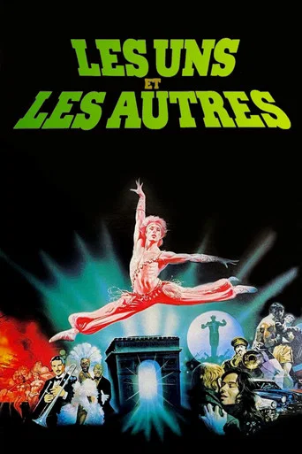 The poster features a dramatic, ballet-dancing figure in red against a dark background. Below, a group of diverse characters in colorful costumes surround a central figure in a glowing blue light. The overall mood is intense and theatrical, with vibrant colors like red, blue, and green creating a...