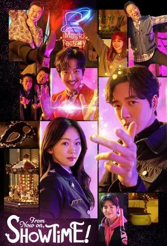 This vibrant poster showcases a dynamic collage of characters from "From Now On, Showtime!" featuring energetic expressions and colorful lighting. The mix of warm and cool tones creates an engaging atmosphere, capturing the essence of the show's lively and entertaining content.