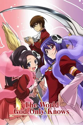 The poster features three animated characters in vibrant colors—pink, purple, and red—engaged in dynamic poses against a dreamy pink background. The mood is whimsical and magical, suggesting a fantasy adventure. The title "The World God Only Knows" is prominently displayed at the bottom, hinting ...