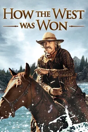 The poster features a cowboy riding a horse through a dramatic landscape, with a moody, atmospheric sky. The warm tones of the cowboy's clothing contrast with the cool blues and greens of the background, creating a sense of adventure and historical drama.