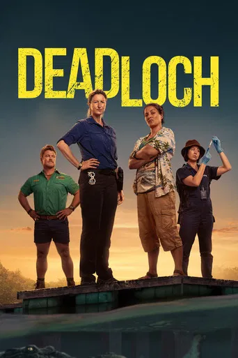 The poster features four characters standing on a rocky shore under a stormy, ominous sky. The title "DEADLOCH" is prominently displayed in bold yellow letters at the bottom. The mood is tense and foreboding, suggesting a supernatural or horror theme.