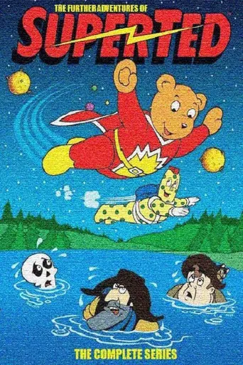 SuperTed floats above a serene green landscape with his friends swimming in the water below. The vibrant red and yellow colors create a playful and adventurous mood, capturing the whimsical spirit of the show.