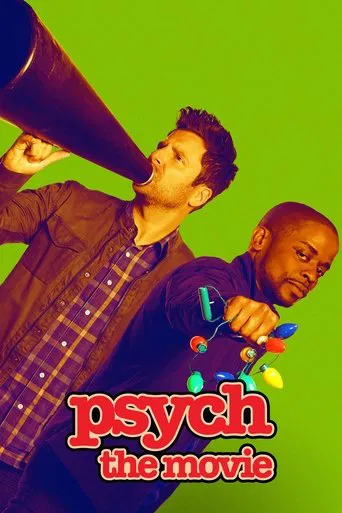 The poster features two men against a vibrant green background, one shouting into a megaphone while the other holds colorful confetti. The bold red and white text "psych the movie" anchors the image, evoking a comedic and energetic atmosphere.