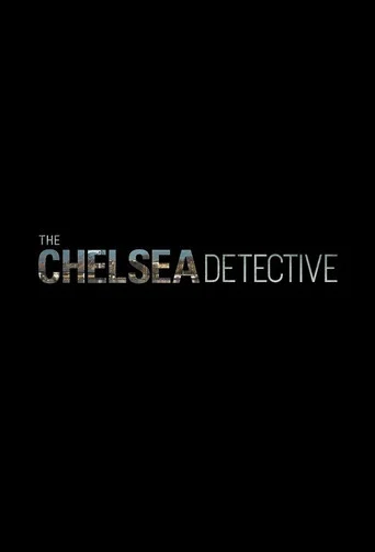 The Chelsea Detective poster features a striking urban scene with two detectives in formal attire against a backdrop of classic London architecture. The cool blue tones of the sky contrast with the warm tones of the city buildings, creating a dramatic and mysterious atmosphere. The reflective wat...