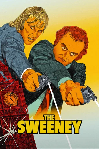 The Sweeney poster features a moody, blue-toned street scene with vintage cars and a mysterious figure in the background. The title is prominently displayed in bold, white letters, evoking a noir atmosphere.