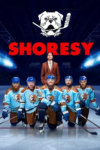 This TV show poster features a group of five men lounging on a wooden dock by a serene lake, exuding a relaxed and carefree mood. The vibrant red title "SHORESY" stands out against the tranquil water backdrop, while playful cartoon graphics and beach-themed elements enhance the summery, fun atmos...