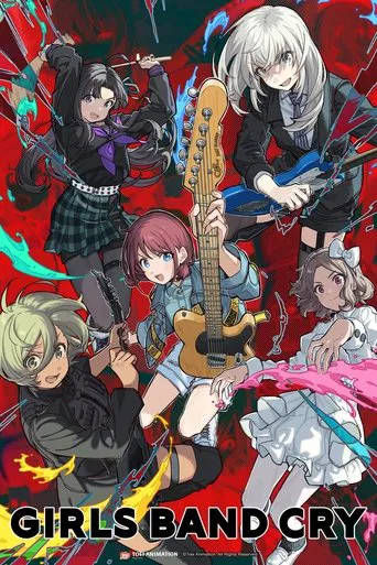 This vibrant anime poster showcases a dynamic group of six characters playing electric guitars, set against a dramatic red background. The intense, energetic mood is conveyed through bold colors and expressive poses, capturing the essence of a musical performance.