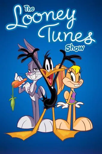 The Looney Tunes Show poster features cartoon characters against a vibrant blue background. Looney Tunes characters are depicted in playful poses, with one character holding a carrot and another wearing a purple hat. The overall mood is cheerful and lighthearted, capturing the essence of classic ...