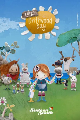 This cheerful TV poster features a group of animated characters in a vibrant Driftwood Bay setting. The scene is filled with warm colors like greens, blues, and oranges, creating a lively and inviting atmosphere. The playful mood is enhanced by the whimsical design and the friendly interactions b...
