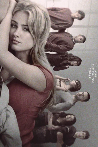 The poster features a blonde woman with her hand raised against a wall, surrounded by a surreal, distorted scene of people in various poses. The muted tones and dramatic lighting create an eerie, suspenseful mood, hinting at the show's themes of deception and hidden truths.