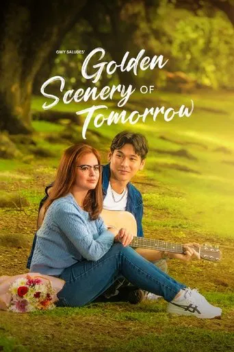 A couple sits on a grassy hill, bathed in warm sunlight. The woman wears a blue sweater and jeans, while the man dons a white shirt and blue jacket. Their expressions convey happiness and anticipation. The poster captures a serene, dreamy atmosphere with lush greenery and golden hues.