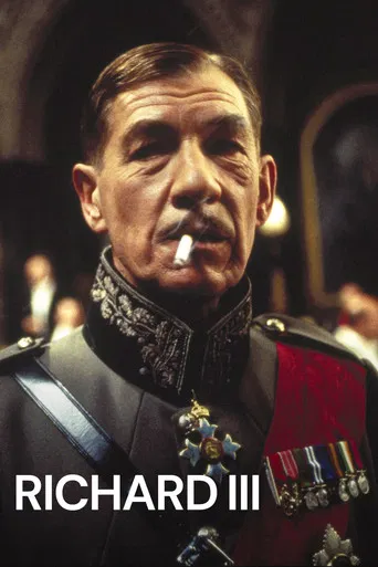 The poster features Richard III's intense gaze, with a woman in the foreground holding a cigarette. The fiery background and dramatic lighting create a sense of impending doom and historical drama.