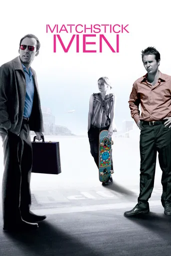 The poster features three men in a minimalist, high-contrast setting. The man on the left wears sunglasses and carries a briefcase, while the man on the right sports a casual shirt and dark pants. The central figure stands with a skateboard, creating a dynamic composition. The muted tones and cle...