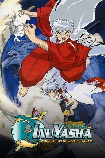 The poster features Inuyasha in a dynamic pose, wielding a sword with a determined expression. The red robe contrasts sharply with the blue background, creating a striking visual. The mood is intense and action-packed, capturing the essence of the original manga.