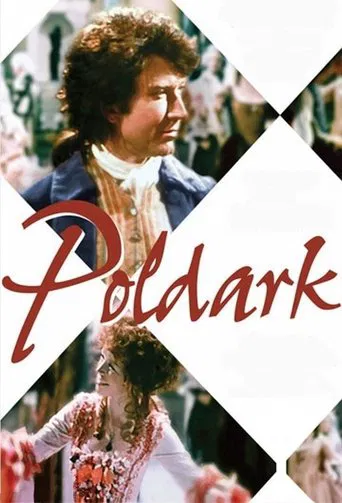 The poster features a young man in period clothing against a backdrop of colorful, blurred figures, suggesting a lively historical setting. The red, elegant script of "Poldark" dominates the center, evoking a sense of nostalgia and drama. The overall composition blends historical imagery with vib...