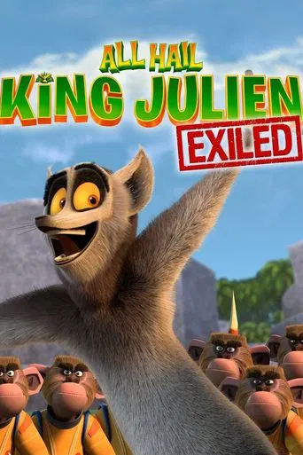 The poster features a cheerful, animated monkey character with a mischievous grin, surrounded by a group of similarly dressed monkeys in orange shirts. The background showcases a bright, sunny landscape with lush greenery and a clear blue sky. The vibrant colors and playful character design evoke...