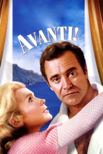 The poster features a romantic scene with a man and woman in a pink dress, set against a picturesque mountain backdrop. The title "Avanti!" is prominently displayed in bold letters, suggesting a journey or adventure. The mood is warm and inviting, capturing the essence of a classic film.