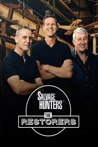 Three men stand confidently in a dimly lit workshop, their expressions serious yet engaging. The warm, earthy tones of wood and shadows create a moody atmosphere, while the bold typography emphasizes the show's title.