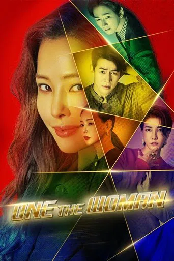 The poster features a striking red background with a woman's face prominently displayed, surrounded by smaller images of other characters in various settings. The colors are vivid, with reds, greens, and purples creating a dynamic and intense atmosphere. The title "One the Woman" is written in bo...