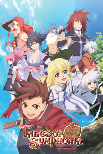 This vibrant anime poster showcases a dynamic group of characters from "Tales of Symphonia," with bold colors and expressive poses. The bright blue sky and colorful figures evoke a lively, adventurous mood, inviting viewers to explore the story's world.