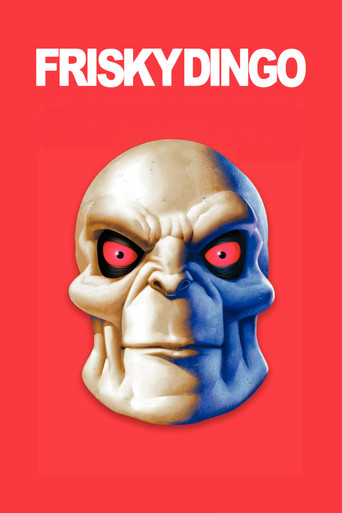 The poster features a striking, split-face dingo with red eyes against a bold red background. The title "FRISKY DINGO" is prominently displayed at the top, suggesting a humorous or action-packed theme.