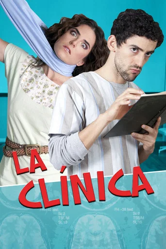 The poster features a couple in a clinical setting, with the woman holding a light blue scarf and the man holding a tablet. The vibrant red title "LA CLÍNICA" dominates the bottom, while the background is a soothing teal. The mood is professional yet intimate, suggesting a medical drama or thriller.