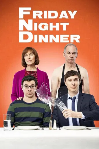 The poster features six characters against a vibrant orange background, with the title "FRIDAY NIGHT DINNER" prominently displayed in bold white letters. A fluffy dog sits beside the group, adding a playful touch. The characters exude a casual, friendly vibe, suggesting a relaxed evening gatherin...