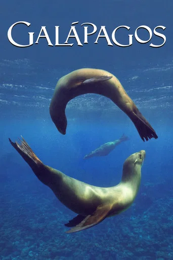 This TV poster features a dramatic scene of people on rocky cliffs overlooking the turquoise waters of Galapagos. The deep blue ocean contrasts with the vibrant red text of the title, creating a visually striking and evocative atmosphere that captures the essence of the region's unique wildlife a...
