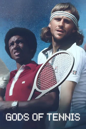 The poster features two tennis players against a blue background, with one in a red shirt and the other in white. The mood is energetic and competitive, capturing the essence of the sport.
