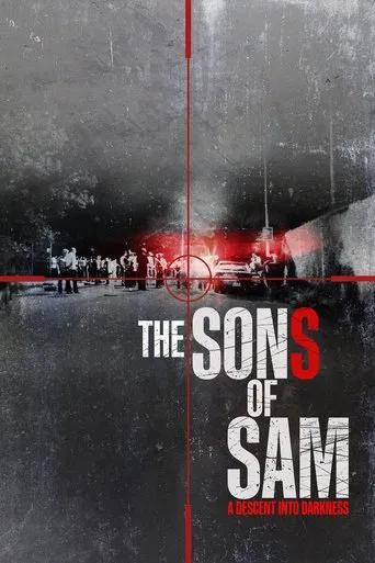 The poster depicts a desolate, rain-slicked street with silhouetted figures in the distance, evoking a sense of mystery and foreboding. A dramatic red glow from a distant light casts ominous shadows across the scene, while the title "The Sons of Sam" dominates the foreground in bold, distressed t...