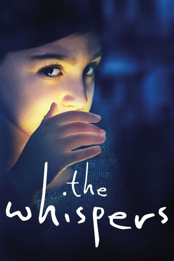 The poster features a young girl with dark hair, her face illuminated by a warm light against a cool blue background. She covers her mouth with her hand, creating a mysterious and suspenseful mood. The title "The Whispers" is written in elegant white script at the bottom.