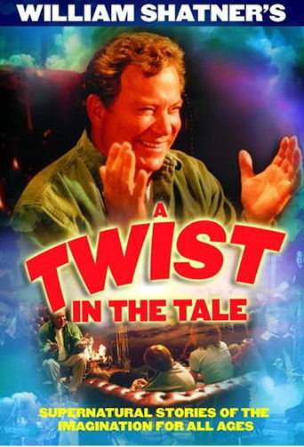 The poster features a smiling man with hands raised, set against a vibrant, dreamy background of swirling blues and purples. The title "TWIST IN THE TALE" is prominently displayed in bold red letters, while the tagline "Supernatural Stories of the Imagination for All Ages" sits at the bottom. The...