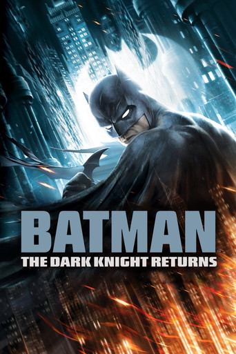 The poster features Batman in a dynamic pose against a stormy, dark city backdrop. The title "Batman: The Dark Knight Returns" is prominently displayed in bold, metallic lettering. The overall mood is intense and dramatic, with lightning illuminating the scene and emphasizing the action-packed na...