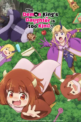 The poster features a vibrant green background with colorful characters in various poses. A young girl with brown hair lies on the ground, looking up with a joyful expression. Another girl in purple stands confidently with arms outstretched. A smaller girl in yellow is partially visible on the le...
