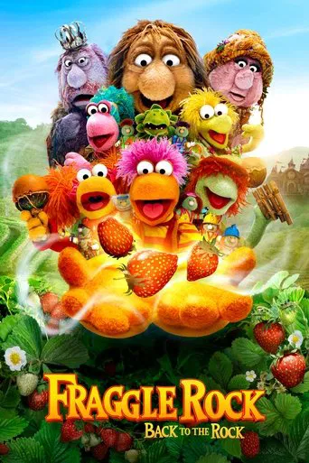 The poster features a vibrant group of colorful characters from the animated series "Fraggle Rock," including a princess, a lion, and a chicken, all standing amidst lush greenery and bright sunlight. The cheerful and whimsical mood is enhanced by the playful colors and the inviting atmosphere, su...