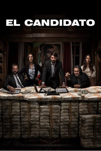 The poster features six elegantly dressed actors in formal attire, suggesting a serious drama. The warm, dimly lit room with rich red curtains and stone walls creates an intimate, dramatic atmosphere. The bold white text "EL CANDIDATO" anchors the composition, emphasizing the show's title.