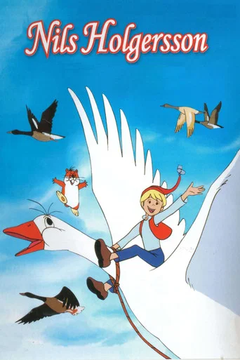 This vibrant poster captures the whimsical spirit of "The Wonderful Adventures of Nils," featuring a cheerful young boy soaring through a colorful landscape with a majestic crane above. The bright blue sky and vivid greens and yellows evoke a sense of wonder and adventure, while the playful expre...