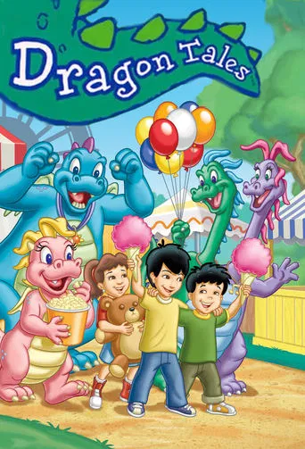 The vibrant poster features colorful children joyfully posing with dragon-themed props like balloons and a dragon's head. The lively scene, with bright blues, greens, and pinks, evokes a cheerful, magical atmosphere perfect for young audiences.