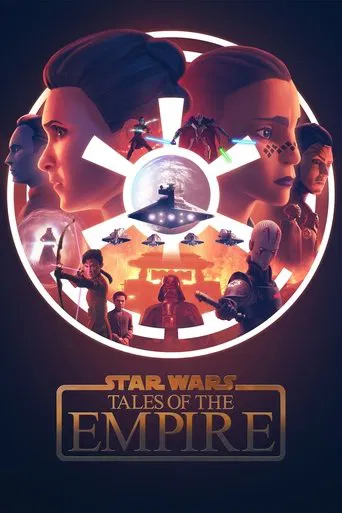 This poster features a dramatic, circular composition with characters from the Star Wars universe set against a glowing, starry backdrop. The warm orange and red hues evoke a sense of epic adventure and cosmic drama, while the central figures suggest a journey through space and history.