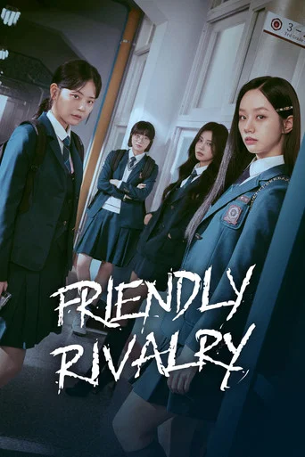 The poster features two young women in matching school uniforms against a deep blue background. Their expressions convey a mix of determination and intensity, suggesting a competitive yet friendly rivalry. The title "Friendly Rivalry" is elegantly written in white script at the bottom, emphasizin...