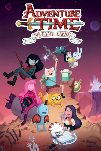 This vibrant poster showcases the beloved characters from Adventure Time in their iconic "Distant Lands" setting. The scene features a lively group of animated characters in a fantastical landscape with purple hues and glowing elements. The mood is adventurous and whimsical, capturing the essence...