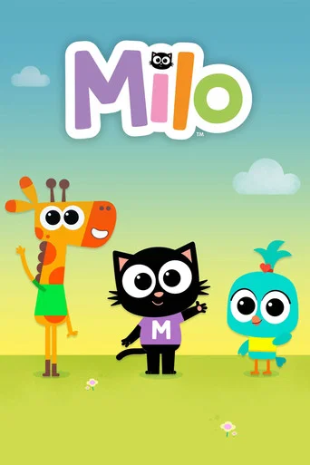 This vibrant TV poster for "Milo" features four colorful characters against a cheerful sky backdrop. The playful orange giraffe, black cat, blue bird, and girl in green dress stand together in a sunny outdoor setting. The bright pastel colors and whimsical design evoke a friendly, engaging, and f...