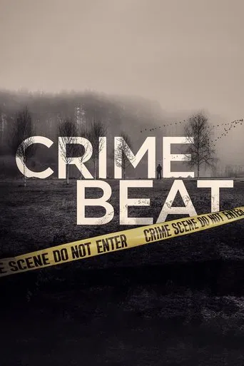 The poster features a misty, desolate landscape with a dark, ominous atmosphere. The title "CRIME BEAT" is prominently displayed in bold, white letters, while yellow crime scene tape adds to the suspenseful mood.